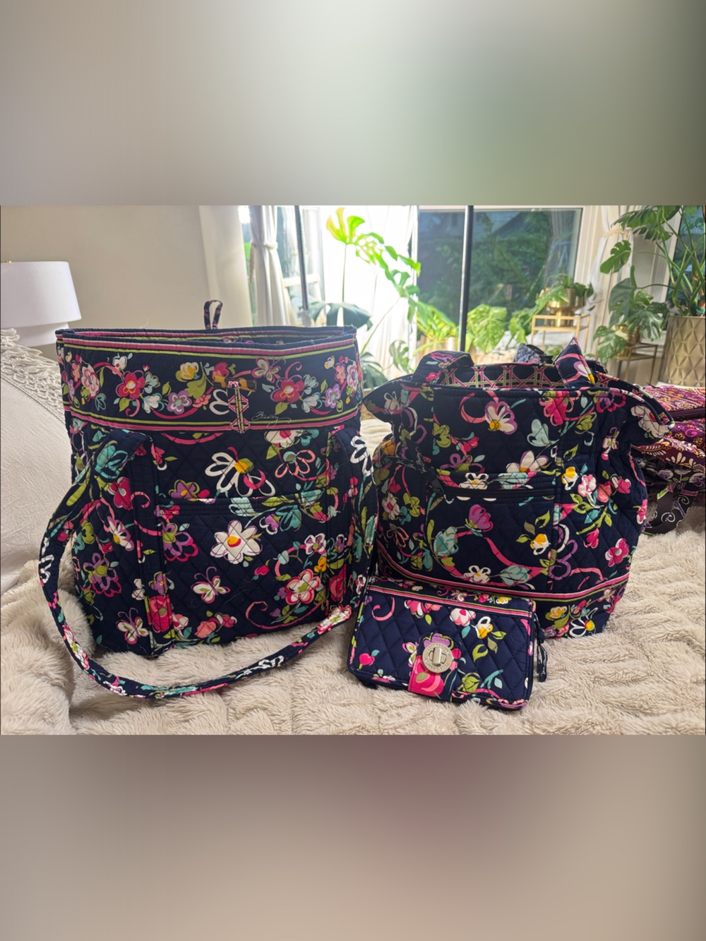 Vera Bradley Ribbons 3 piece set large tote, medium tote and wallet
